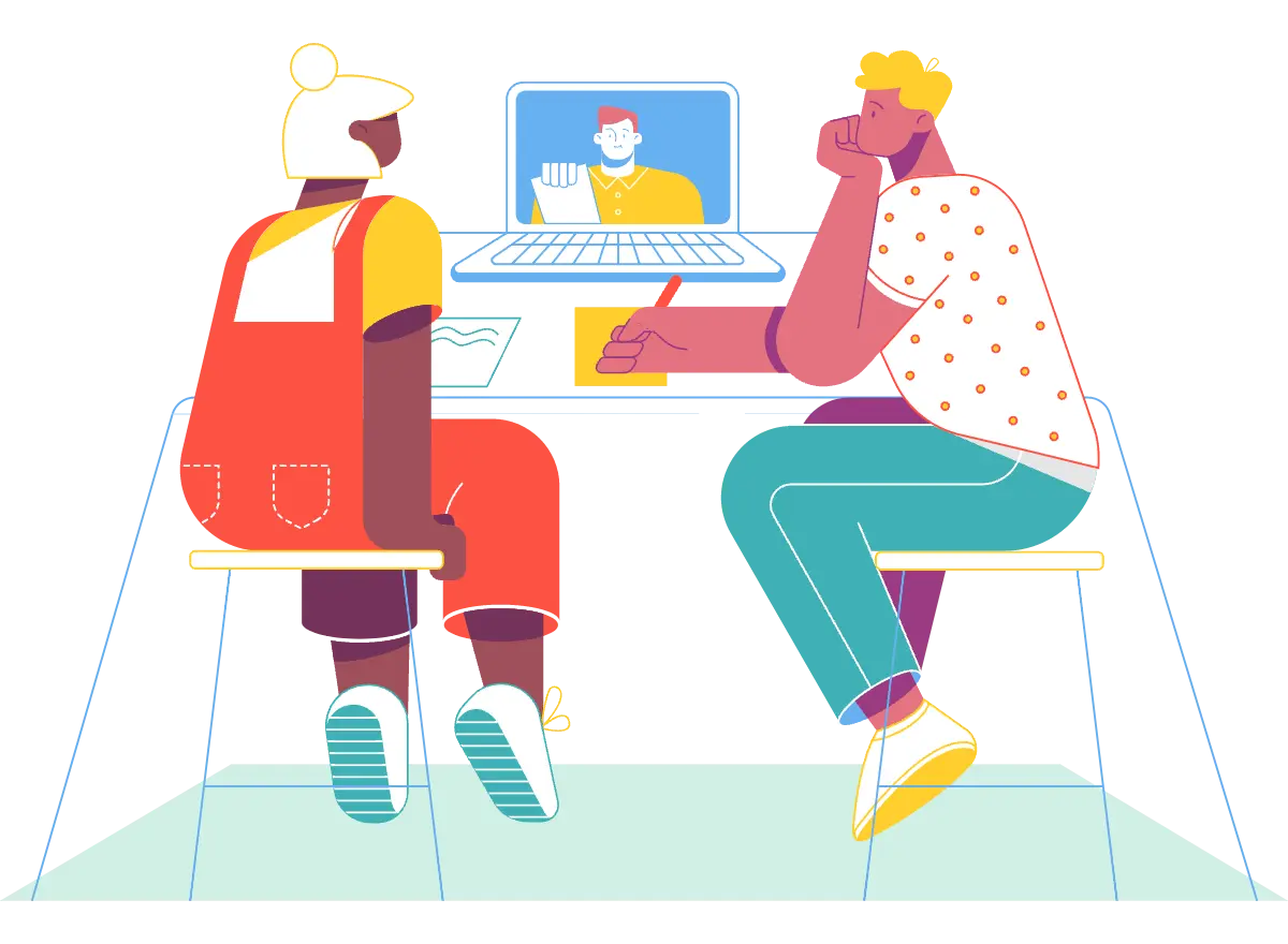 Двое анимированных человек сидят за компьтером